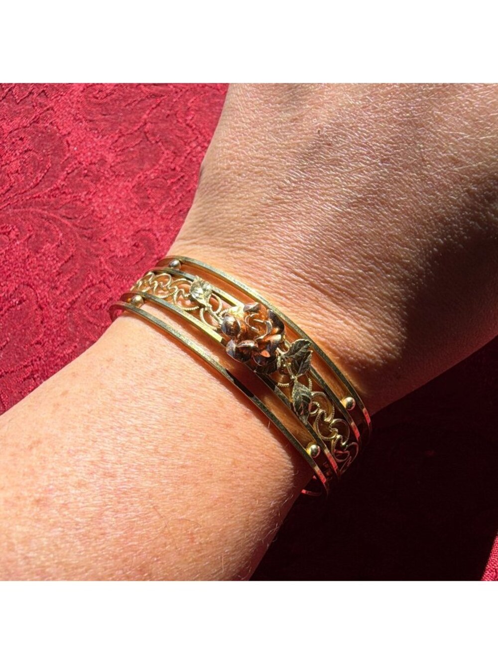 Vintage Krementz Floral Rose Cuff Bracelet Mid Century Romantic Filigree Scroll